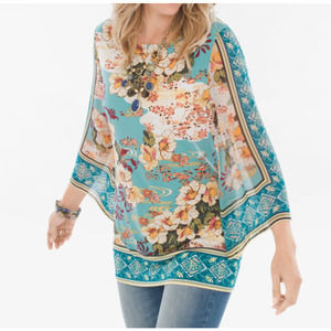 Chico's Top 3 XL Floral Kimono Sleeve Blue Yellow